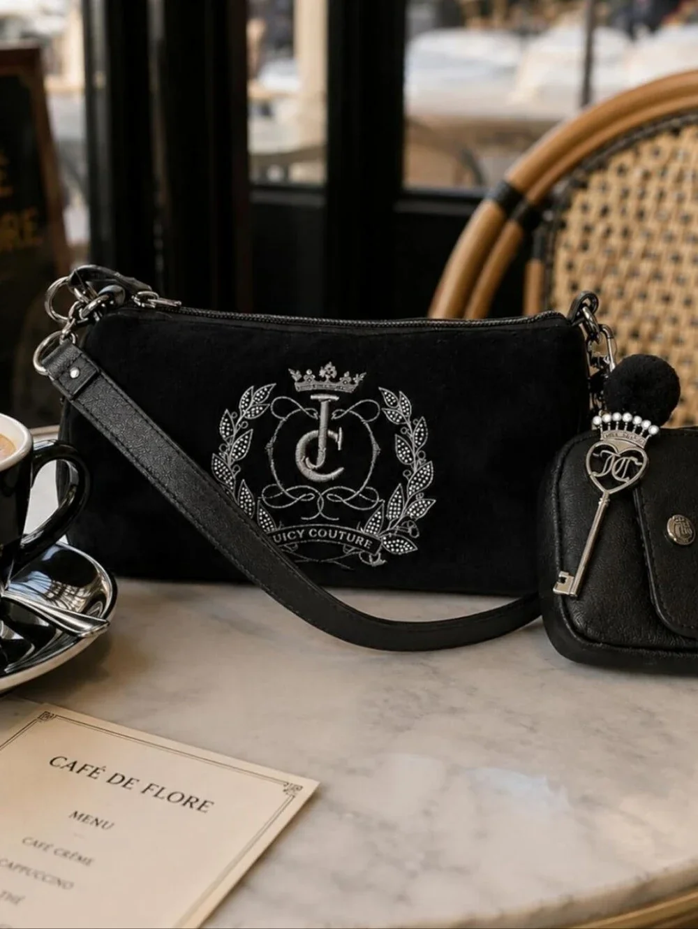 Juicy Couture Black Valour Royal Shoulder Bag 💎Rhinestone🖤Heart Pocket🗝Charms